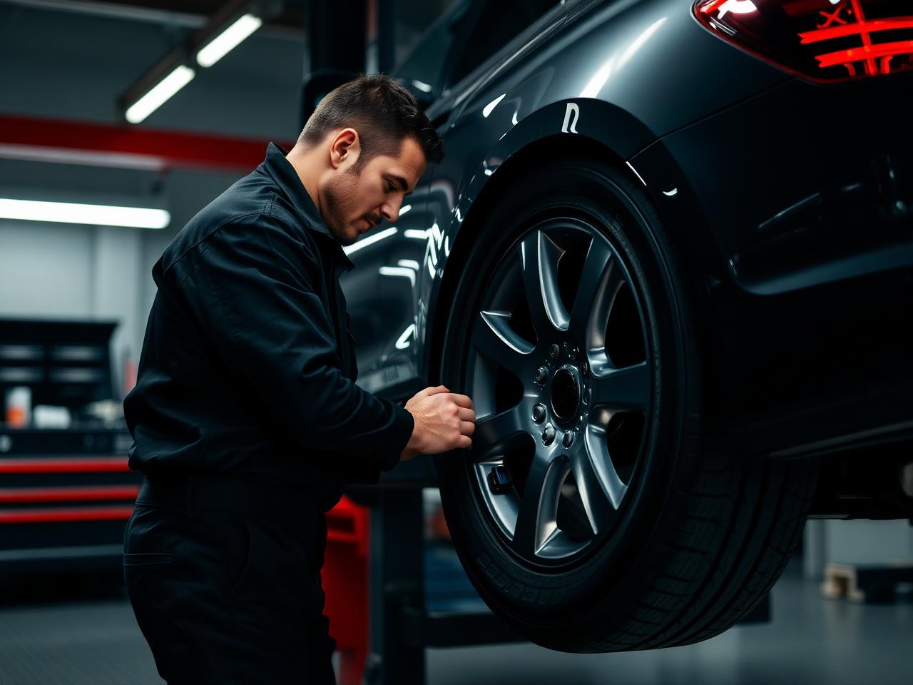 Tire technician working on a vehicle wheel